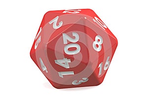 Red twenty-sided die, 20 sides. 3D rendering