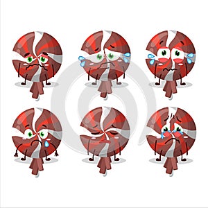 Red twirl lolipop wrapped cartoon character with sad expression