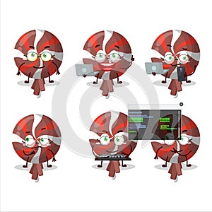 Red twirl lolipop wrapped Programmer cute cartoon character with