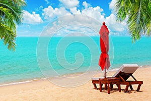 Red umbrella, deck chair, parasol, sun lounger, chaise lounge, sun bed, palm, tropical island sea beach, summer holidays, vacation