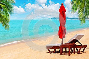 Red umbrella, deck chair, parasol, sun lounger, chaise lounge, sun bed, palm, tropical island sea beach, summer holidays, vacation