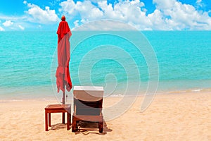 Red umbrella, deck chair, solar parasol, sun lounger, chaise lounge, sun bed, tropical island sea beach, summer holidays, vacation