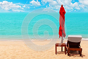 Red umbrella, deck chair, solar parasol, sun lounger, chaise lounge, sun bed, tropical island sea beach, summer holidays, vacation