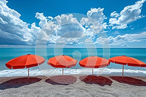 A red umbrella on a deserted beach against the background of the sea