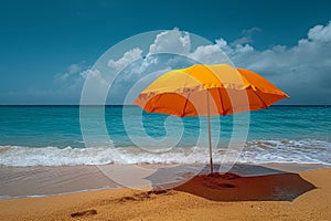 A red umbrella on a deserted beach against the background of the sea