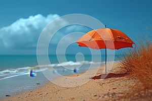 A red umbrella on a deserted beach against the background of the sea