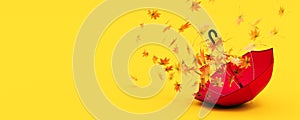 Red umbrella with dry autumn leaves on vibrant yellow background with copy space.