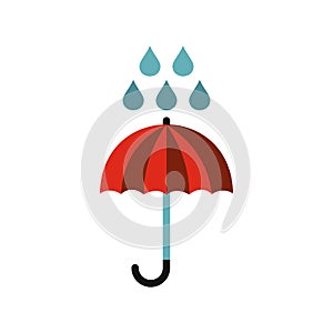 Red umbrella and rain drops icon, flat style