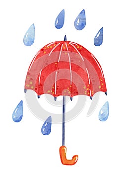 Red umbrella and rain, hand drawn watercolor illustration