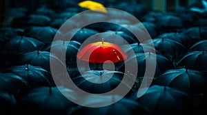 A red umbrella standing out from the crowd of black umbrellas
