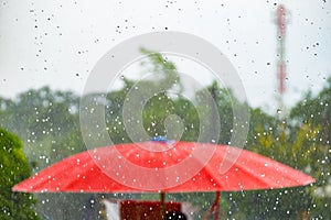 Red umbrella with storm fall rain