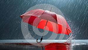 Red umbrella under heavy rain splash