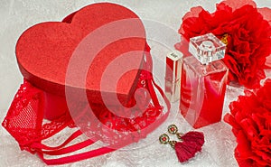 Red underwear knickers in gliter red box heart shaped and perfume lingerie lipstick jewellery