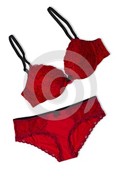 Red underwear set. Bra and panties isolated on white