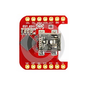 Red universal USB to TTL PCB board surface mount components photo