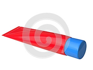 Red unlabled plastic tube with blue cap