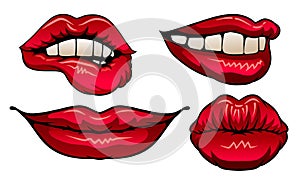 Red Upper and Lower Lips Closed and Showing Teeth in Smile Vector Set