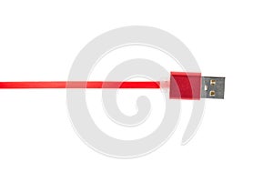 Red usb connector cable on white isolated background. Horizontal frame