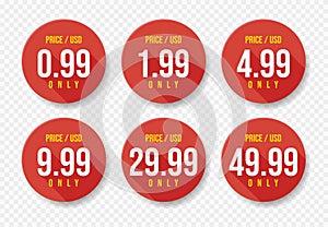 Red USD Price stickers set. Sale 0.99 1.99 4.99 9.99 29.99 and 49.99 Dollars Only Offer Badge Sticker Design in Flat Style. Vector