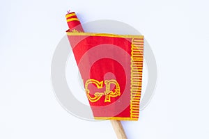 Red ussr flag on a stick on an isolated white background since soviet times