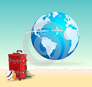 Red Vacation Travel Suitcase on Sunny Beach with Globe