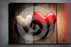 Red valentines day hearts on wooden background, 3d illustration