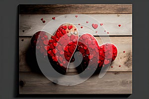 Red valentines day hearts on wooden background, 3d rendering