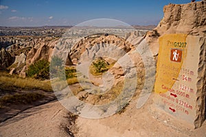 Red valley, Kizilcukur. Travel to Turkey - observation deck on the Aktepe Hill and valley. Nevsehir province, Anatolia, Cappadocia