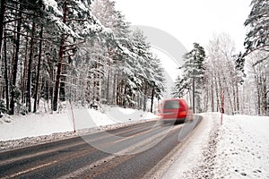 Red van on winter road