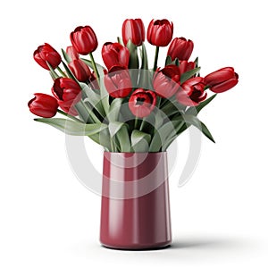 A red vase filled with lots of red tulips