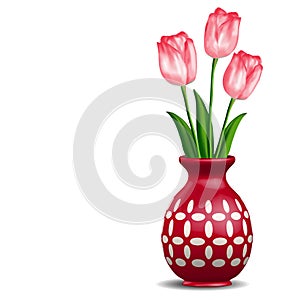 Red vase with pink tulips posy isolated