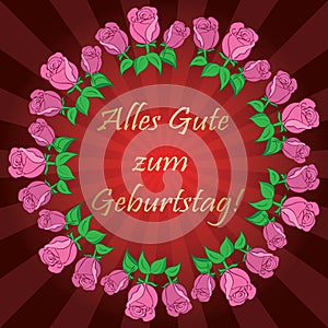 red vector background with roses and rays - Alles gute zum Geburtstag - Happy birthday