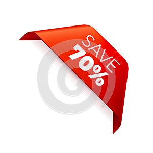 Red Vector Banner Ribbon on white background, corner ribbon, save 70 percent