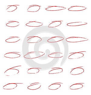 Red vector hand drawn ink pen circles. Drawing highlight doodles circle set