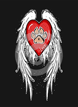 Red vector heart with white wings and dog footprint