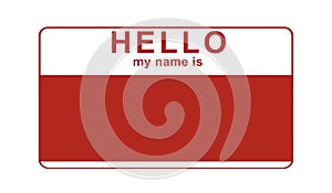 Red vector `Hello my name is` label sticker.