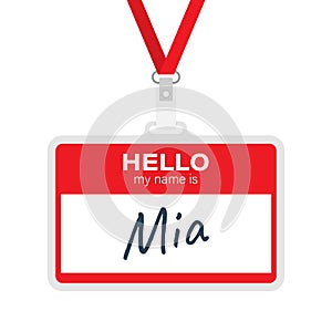 Red vector `Hello my name is` label sticker on white background. Vector illustration.