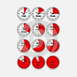 Red vector illustration set 2, increments from 5 to 60 seconds