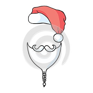 Red vector Santa's hat, beard and mustaches isolated on blue background