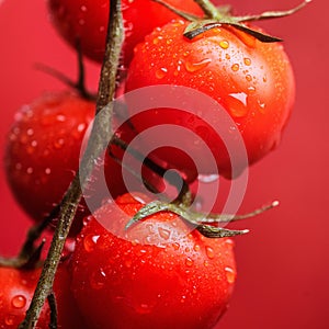 Red vegan cherry tomatoes on the bushes and red background