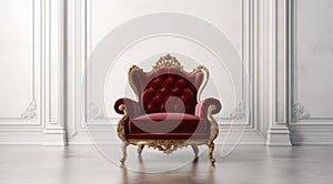 Red velvet armchair in a luxurious room with white paneled walls and gold accents