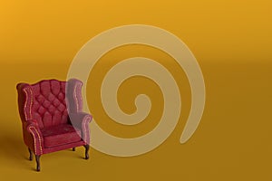 Red velvet armchair of old design on short legs with high back isolated on golden background. 3d rendering illustration