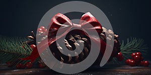 A red velvet bow wrapped around a pinecone dynamic lightn generative AI photo