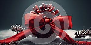 A red velvet bow wrapped around a pinecone dynamic lightn one generative AI photo