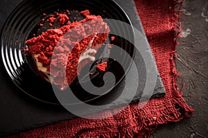 Red velvet cake Canvas napkin on a concrete dark gray background