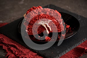 Red velvet cake Canvas napkin on a concrete dark gray background