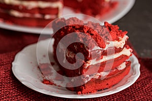 Red velvet cake Canvas napkin on a concrete dark gray background