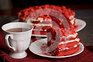 Red velvet cake Canvas napkin on a concrete dark gray background