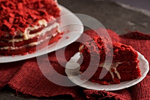 Red velvet cake Canvas napkin on a concrete dark gray background