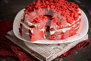 Red velvet cake Canvas napkin on a concrete dark gray background